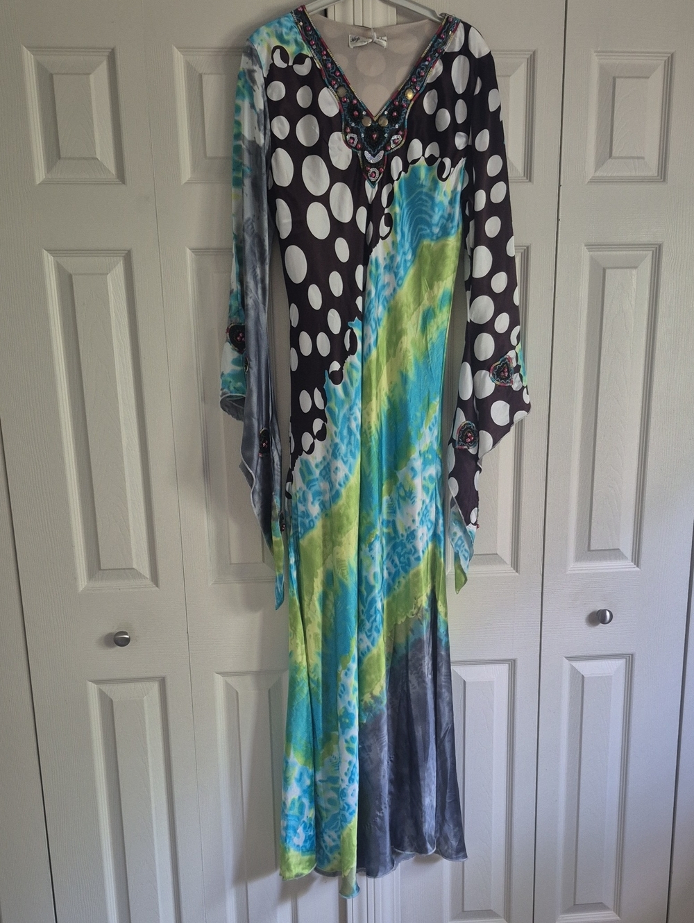 Boho Maxi Dress in Blue, Green & Brown Polka Dot